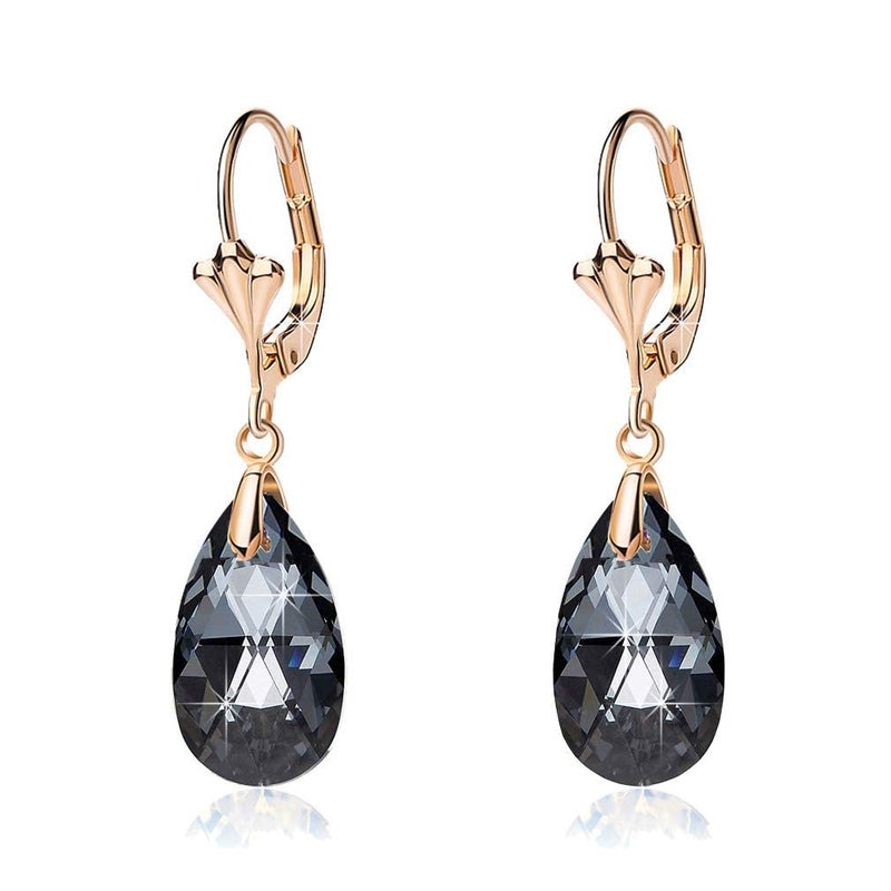 EVEVIC Austrian Crystal Teardrop Leverback Dangle Earrings for Women Fashion 14K Gold Plated Hypoallergenic Jewelry (Black) - Image 1